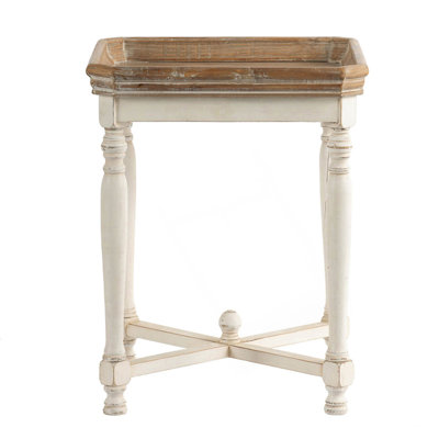 Table d'appoint charmante carrée avec base blanche vieillie et plateau en bois naturel