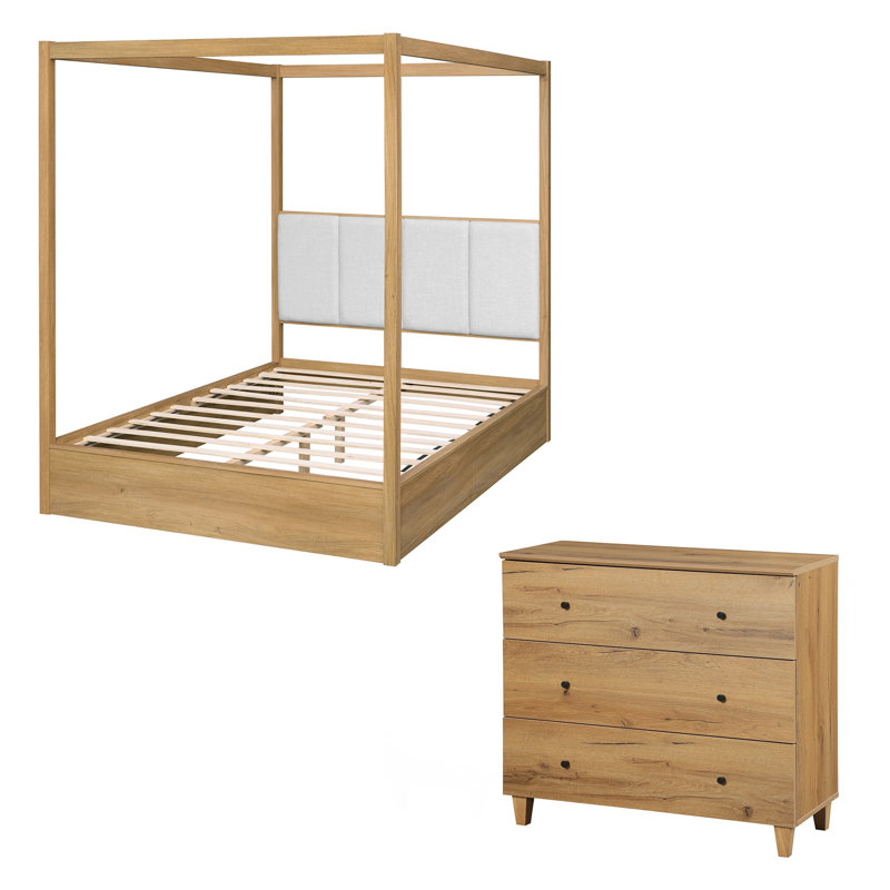 Ensemble de meubles de chambre à coucher Lysiane, grand lit à baldaquin en bois massif et commode 35,4 po à 3 tiroirs
