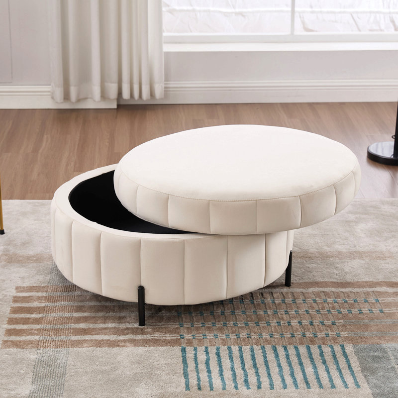 31.5"W Upholstered Round Ottoman With Reversible Lid, Velvet Storage Stool, Channel Tufted Pumpkin-Shape Footstool For Living Room, Bedroom And Office