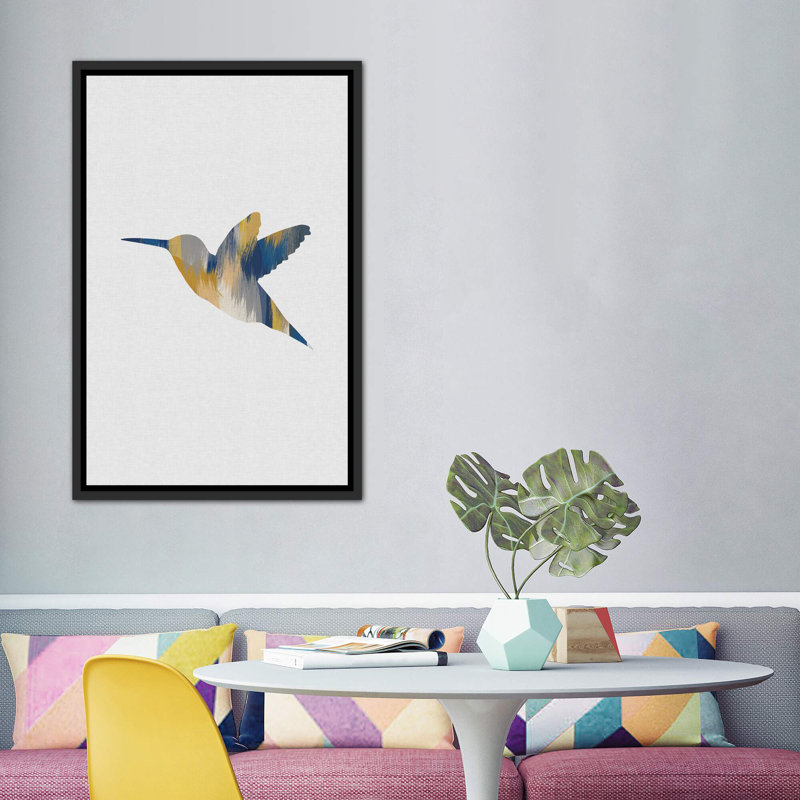 Colibri bleu et jaune I - impression d'art graphique, H 60 po x l 40po x P 1,5 po, Toile avec cadre noir patiné