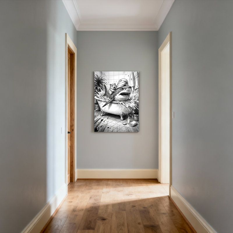 Ensemble de 1 tableau sur toile représentant un requin dans une baignoire avec un écureuil, H 18 po x l 12 po