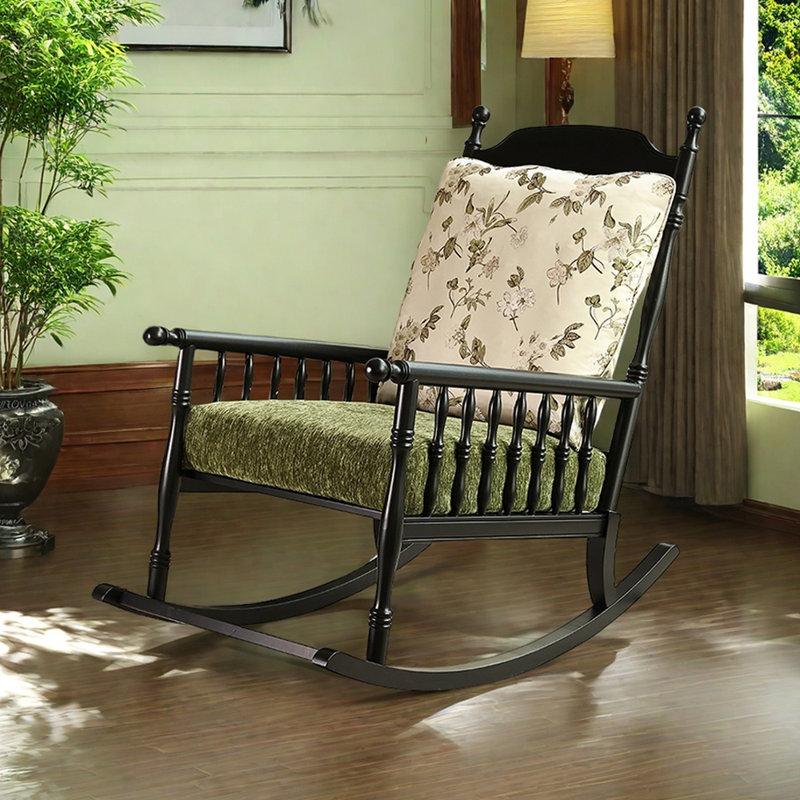 Chaise berçante à haut dossier en bois massif Retro balcon, Noir, Vert / Beige
