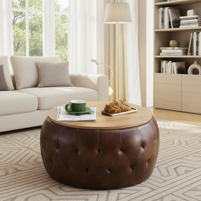 Grande table basse ronde avec repose-pieds (brun) avec plateau en bois et revêtement en similicuir.