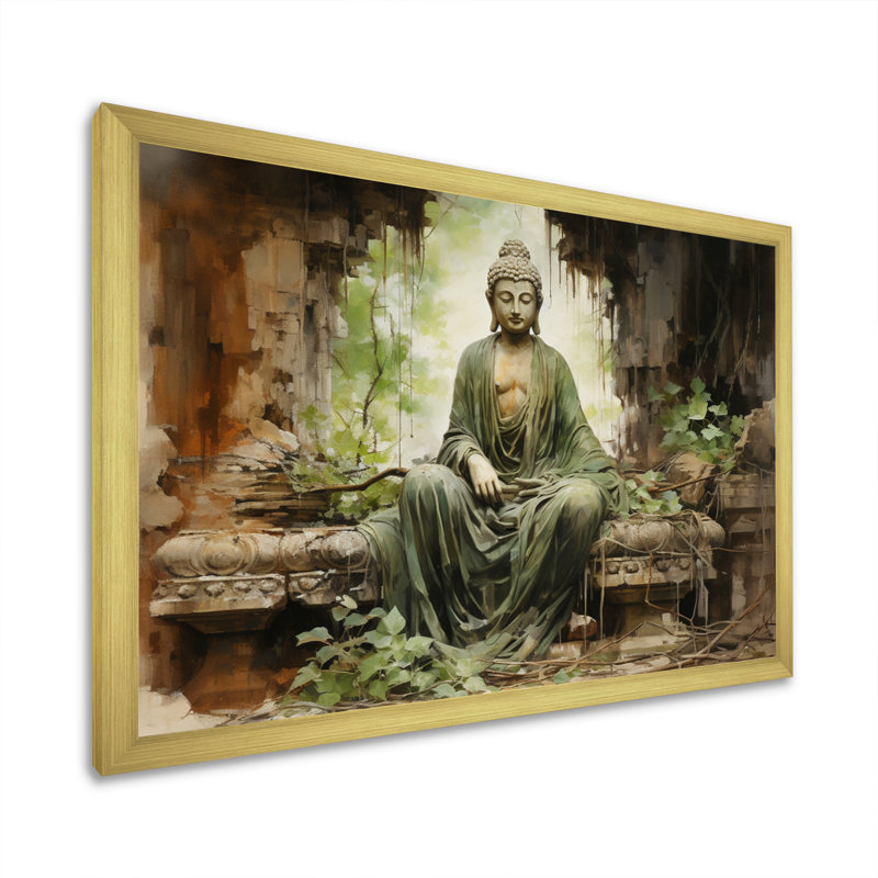 Thailande, ruines de Bouddha, art mural, Cadre doré simple, H 34 po x l 44 po x P 1,5 po