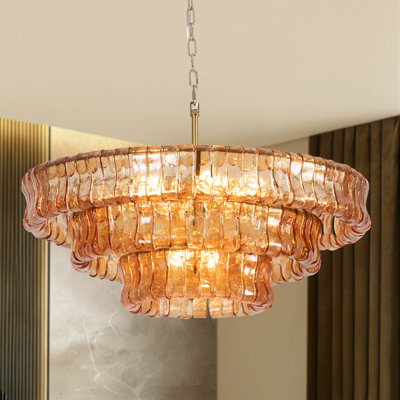 9-Light 32"W Polished Brass Modern Tired Chandelier with Hand-Blown Amber Glass for Dining Room or Living Room