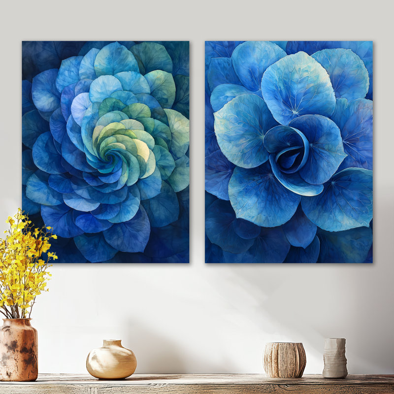 Bleu et vert hortensia Vortex I - ensemble d'art mural floral en métal 2 pièces, 32" H x 48" W