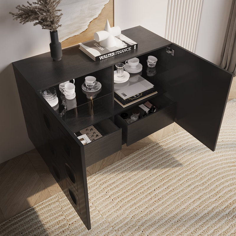 41" Black Sideboard Buffet Doors&Drawers Modern Circle Patterned Kitchen Cabinet