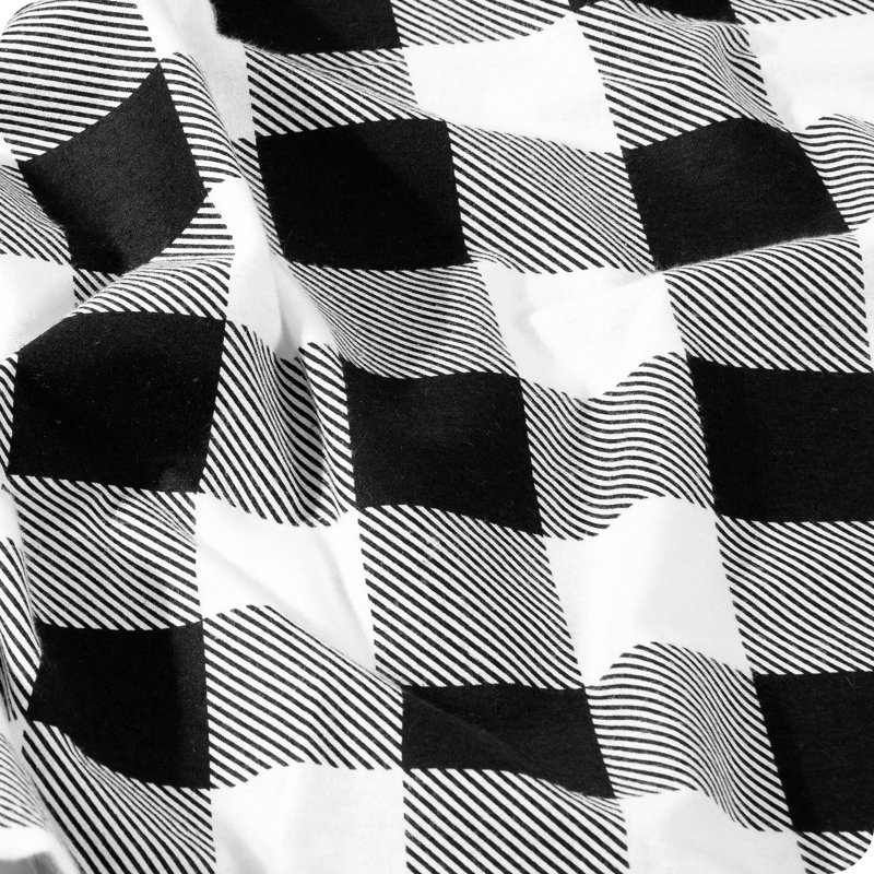 Ensemble de literie en flanelle 100 % coton, Tissu écossais à gros carreaux blancs et noirs
