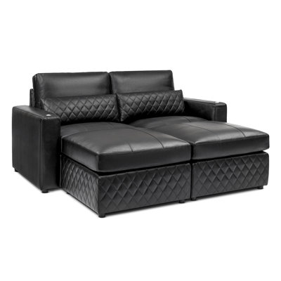 Valencia Pisa Loveseat With 2 Ottomans Leather Sofa - Top Grain Italian Nappa 11000 Leather - Wide Diamond Stitch Design - Kiln-Dried Wood Frame (Black)