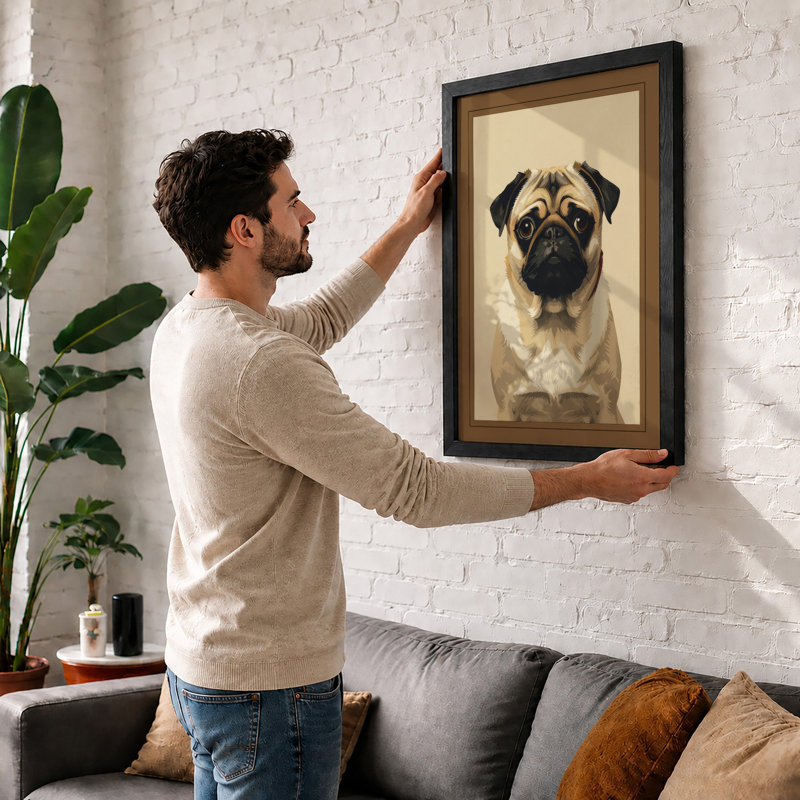 Pug Portrait Modern - Framed Print, A3 - 42.0 x 29.7 cm, Walnut