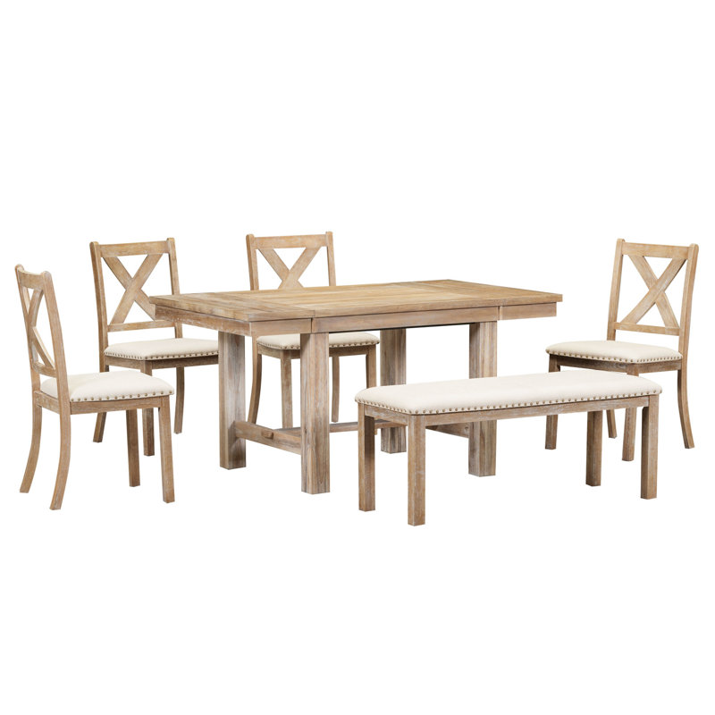 Farmhouse 6-Piece Extendable Dining Table Set – 82" Table with 2 Removable Leaves, Upholstered Chairs & Bench, Natural+Beige Cushion