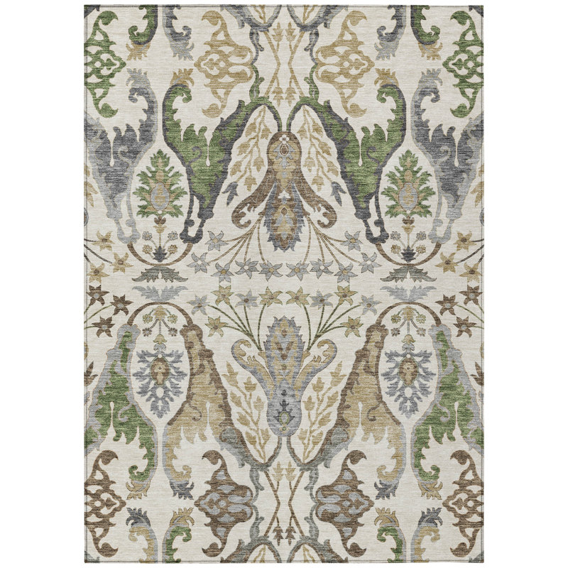 Ivory and Green Washable Rectangular Area Rug