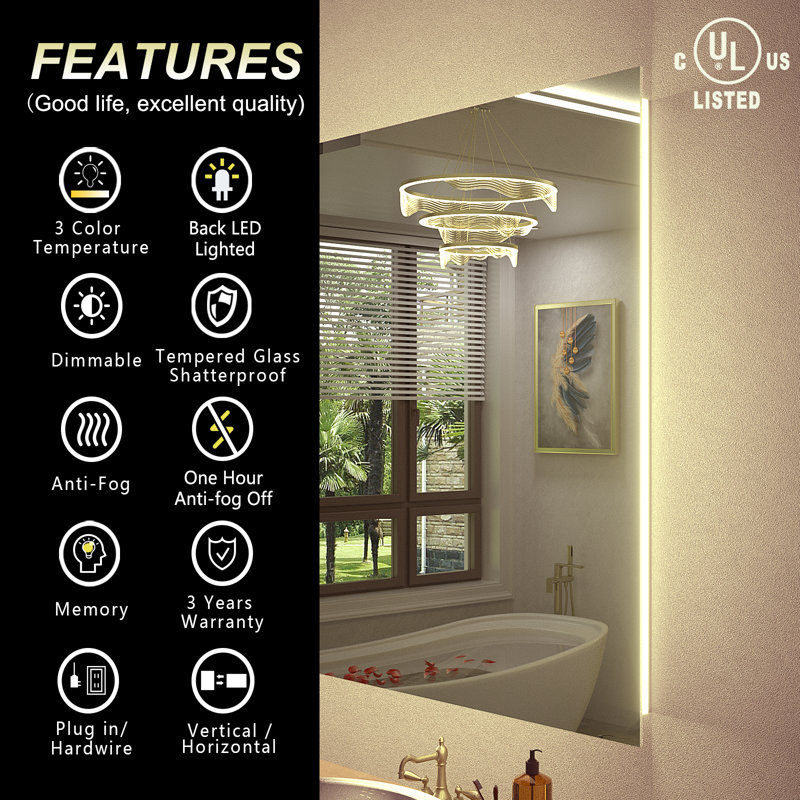 UL Certified LED Anti-Fog Tempered Glass Bathroom/Vanity Mirror - Basics by Wayfair™, 40" x 24"