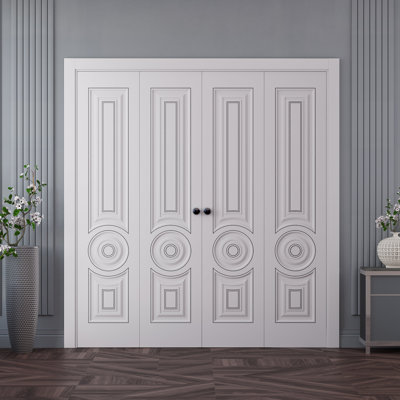 Portes coulissantes doubles pliantes pour placard 72 x 80 pouces, modèle Imperial 1855, émail blanc, rails robustes, moulures, garnitures, quincaillerie, bois massif, portes de placard de chambre.