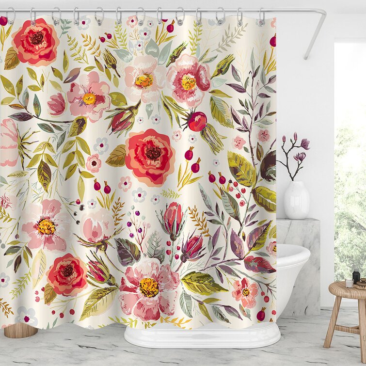 Waterproof Printed Shower Curtain with Roller Hooks, Pink Floral