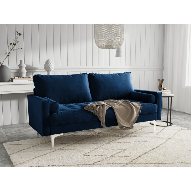 Canapé à accoudoirs carrés en velours de 70 po Maeesha, Velours bleu espace