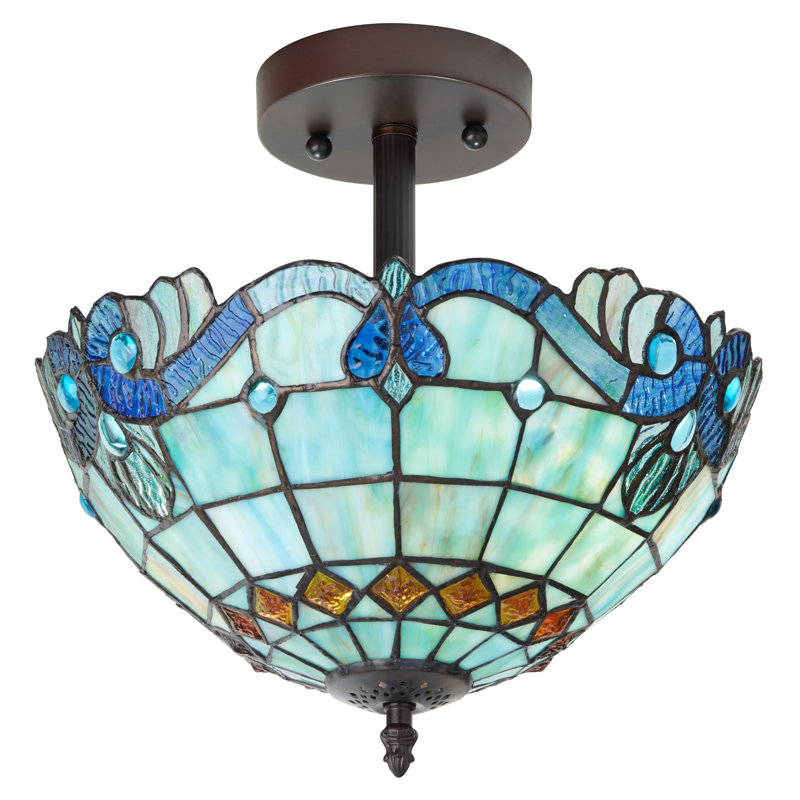 13"H Amelia Stained Glass Shade Traditional Semi-Flushmount Ceiling Light, Green