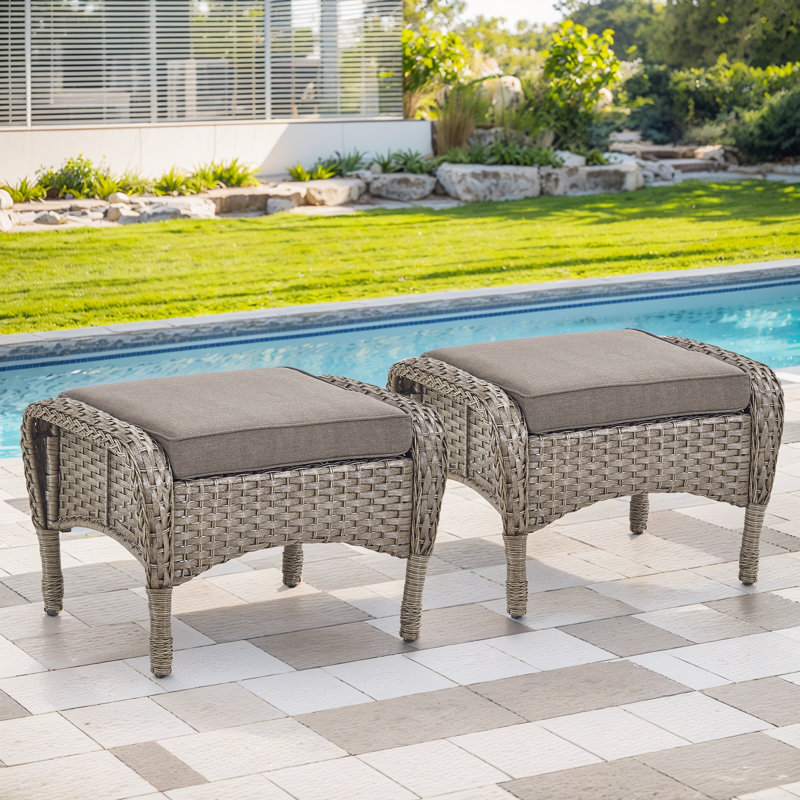 Repose-pieds d'extérieur en osier Arbor avec coussins moelleux pour l'extérieur - durable et résistant aux intempéries, Gris