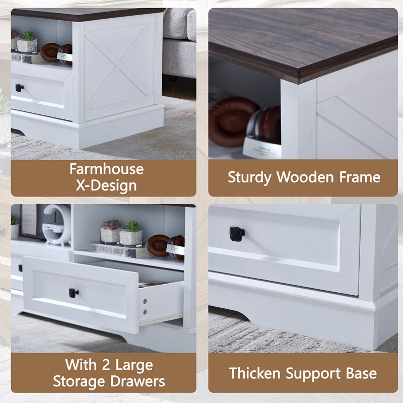 White and Dark Brown Rectangular Wood Coffee Table with Storage