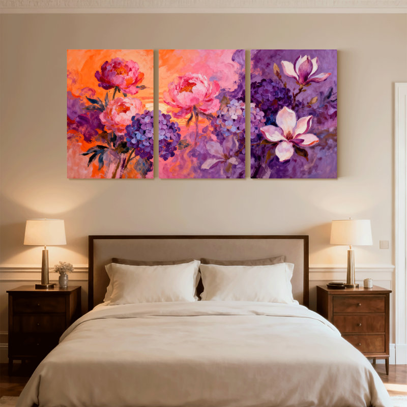 Plantes et fleurs, ensemble de 3 reproductions d'art sur toile, H 30 po x l 60 po