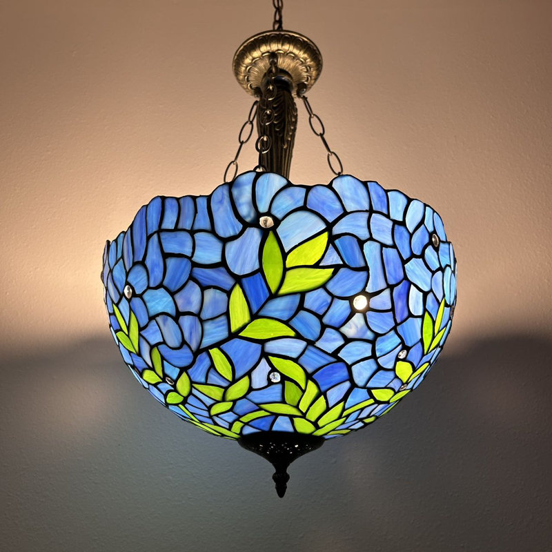 Olcay Tiffany Pendant Lights Stained Glass Green Leaves LED Bulbs Included 16" W*16"D*60" H, Blue/Green