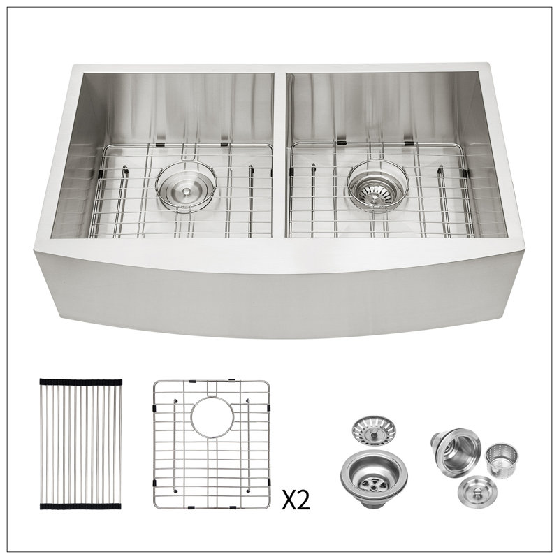 Double Bowl (50/50) Farmhouse Sink- 33"X20"X9"Stainless Steel Apron Front Kitchen Sink 18 Gauge With Two 9" Deep Basin