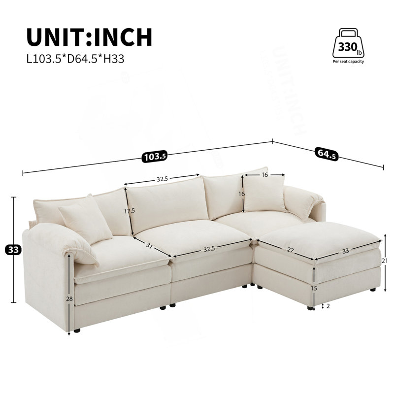 Canapé modulaire modulaire avec siège profond et large, ensemble de canapé en forme de L avec coussins doubles, canapé 4 places avec repose-pieds mobile, canapé moderne
