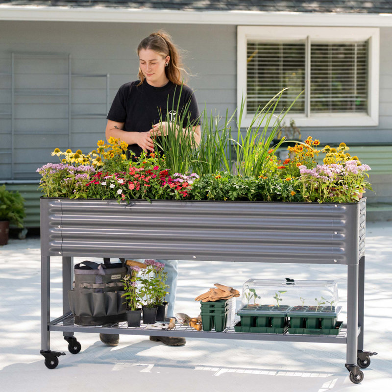32" Tall 66" Long Metal Outdoor Elevated Planter, Modern Gray