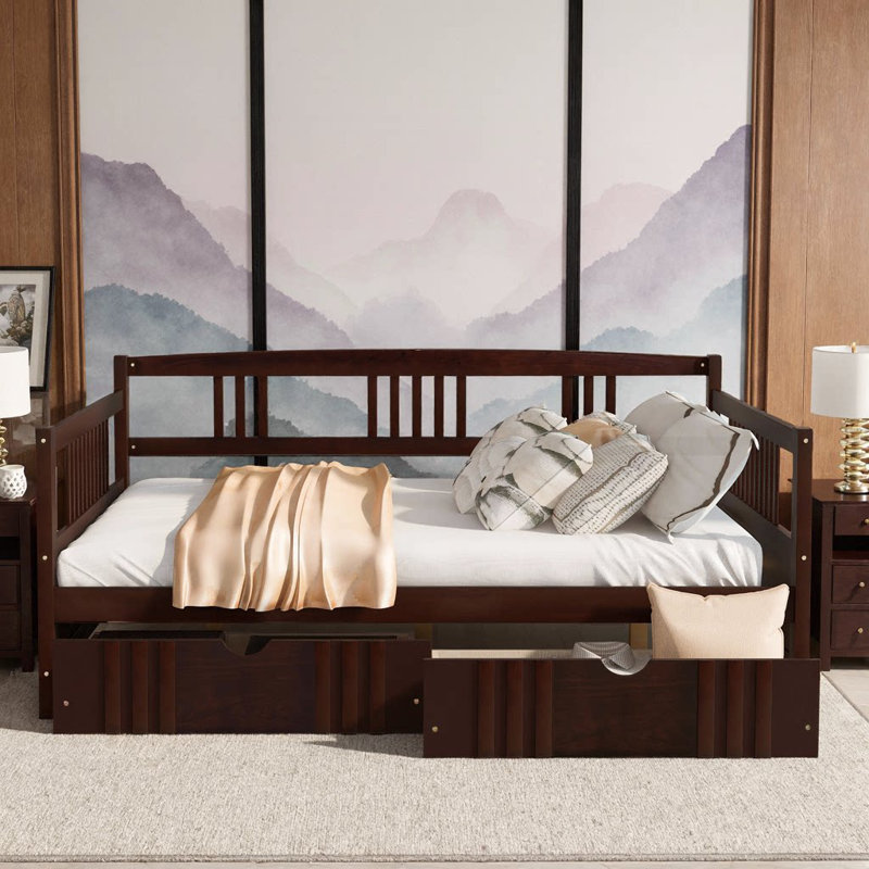 Full Size Espresso Solid Pine Wood Daybed with 2 Storage Drawers - Space-Saving Sleeper Sofa, Espresso, Full