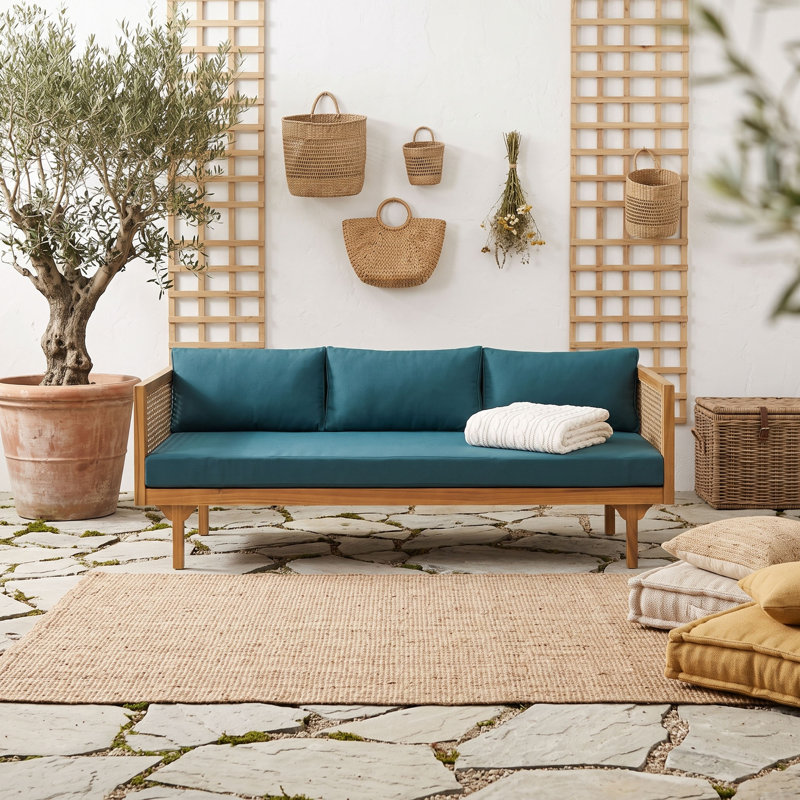 Canapé d'extérieur en bois d'acacia avec accoudoirs en rotin, lit de jour pour patio avec coussins résistants à l'eau, Teal