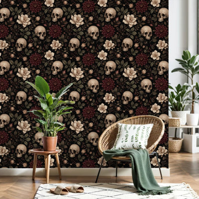 Papier peint auto-adhésif à motif de têtes de mort à motif de crânes floraux gothiques rouges foncés, crème et noir, 24 po x 118 po