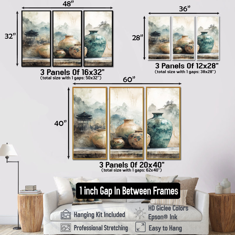 Ensemble de décorations murales poterie bleue et orange, H 28 po x l 36 po x P 1 po, Toile avec cadre flottant noir