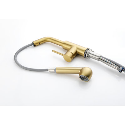 Brushed Gold Single Handle Kitchen Sink Faucet With Pull-Out - 360Turnable, Dual Water Output Settings For Various Applications, Rust & Corrosion Finish, Simple Design, Stainless Steel Fixture Pull