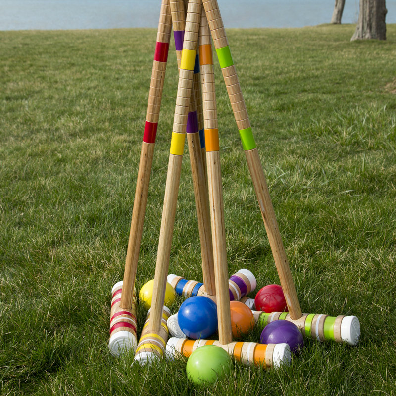 6-Player Croquet Set - Outdoor Games with Wood Mallets, Balls, Posts, Wickets, and Carry Case - Vintage Yard Games for Adults and Kids by Hey Play