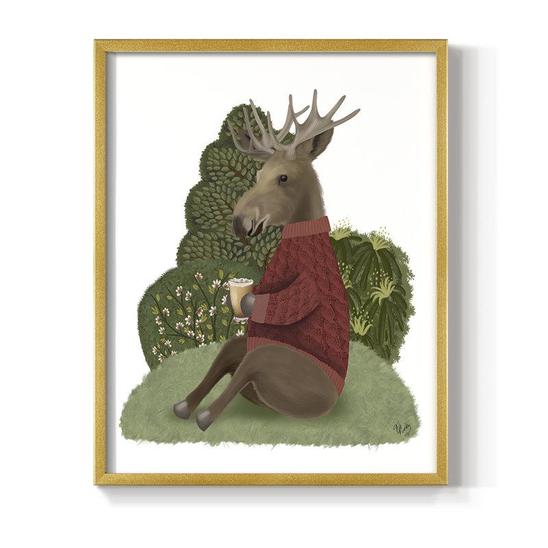 Latte Moose dans un chandail, reproduction encadrée - bois massif, H 10 po x l 8 po