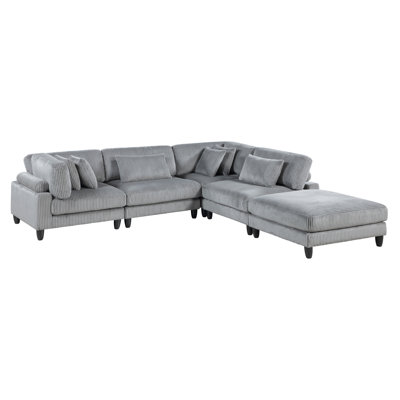 5Pc Modular Sectional Set Gray Corduroy Upholstery 2X Armless Chairs 2X Corner Seats 1X Ottoman Pillows Living Room Furniture