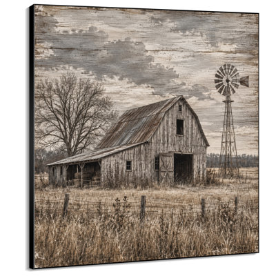 Impression sur tissu grand format - Grange rustique vintage avec moulin à vent et arbre nu pour salon ou chambre - « Assemblage du cadre requis (cadre non fini) »