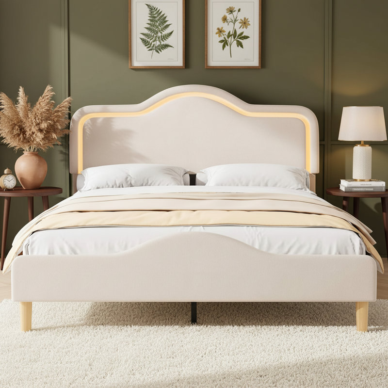 Upholstered Bed Frame with Adjustable Headboard and Footboard, Velvet Princess Platform Bedframe for Kids/Girls, Beige, Queen
