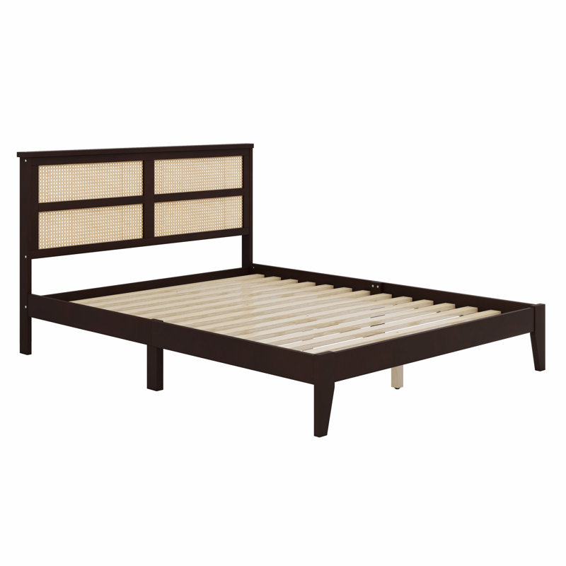 Lit en bois massif avec tête de lit en rotin, Espresso