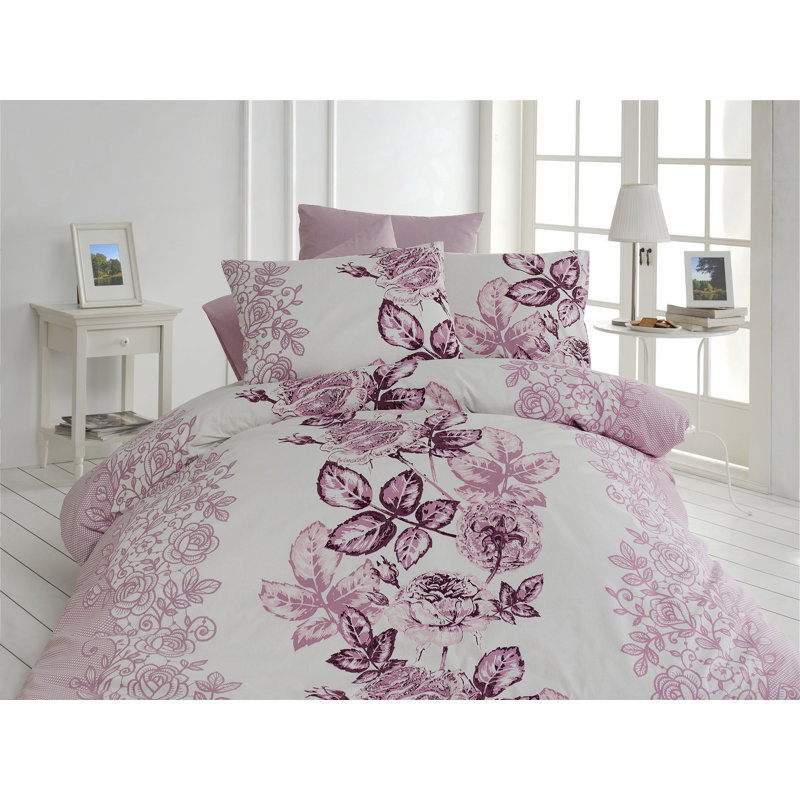 Ensemble de housse de couette 100% coton rose / blanc / mauve 4 pièces Pinto