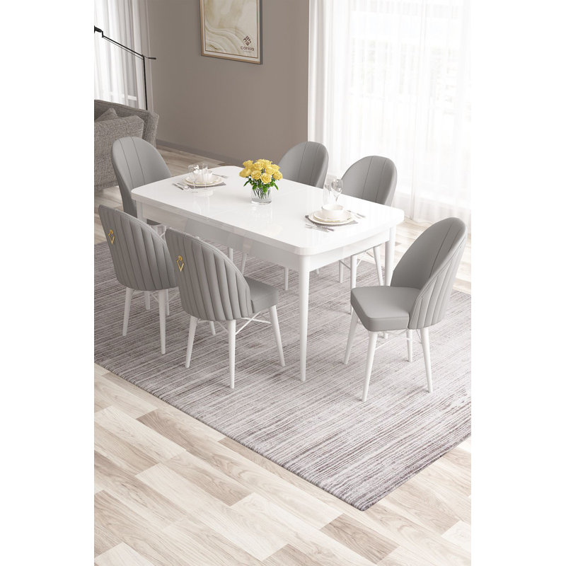Modern Extendable Dining Table & Chairs Set (7 Pieces), White & Grey | 100% MDF with Wooden Legs & Metal Frame | Table: 51.2 x 30.7 x 31.5 inches, Chairs: 17.3 x 37.8 x 16.5 inches | Comfortable Babyface Fabric with 22/28 DNS Foam