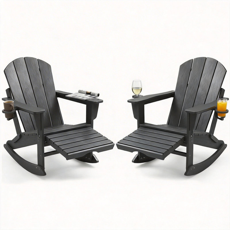 HDPE Foldable Adirondack Rocking Chairs with Retractable Ottoman (Set of 2), Gray