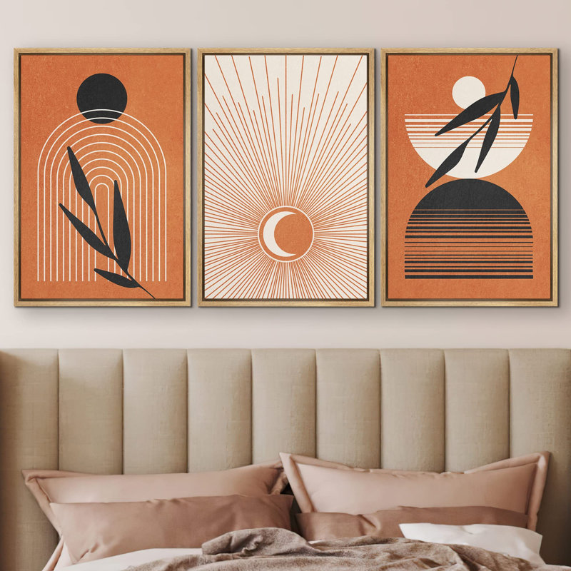 "Géométrique, croissant de lune, plantes, Polygones, nature, illustrations abstraites, art moderne, décoration bohème" - 3 pièces