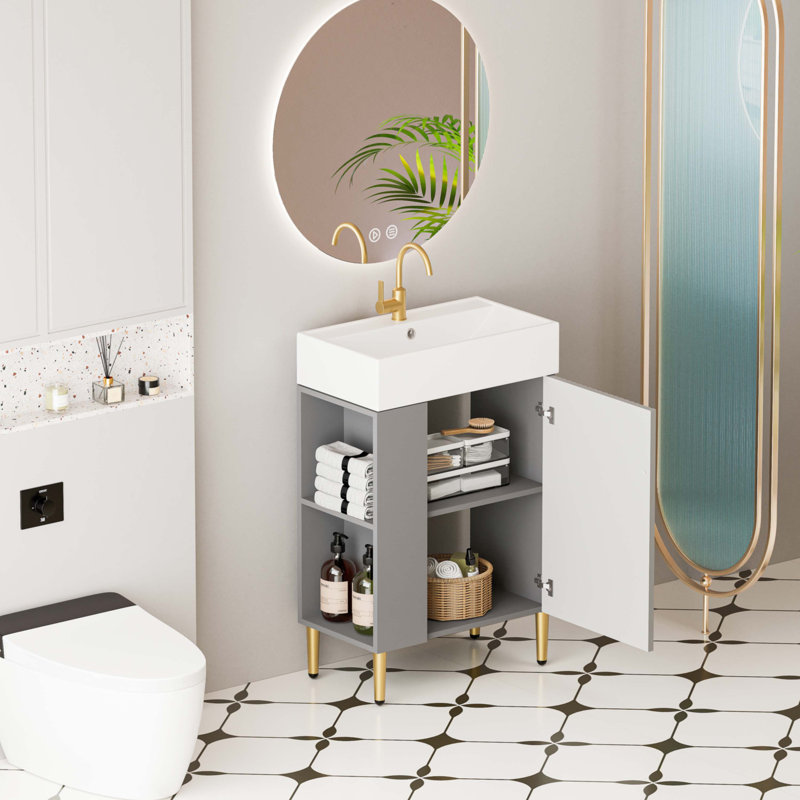 21.6" Open-Shelving Vanity With Ceramic Sink And Soft-Close Door, Cloakroom Storage Cabinet On Left Side