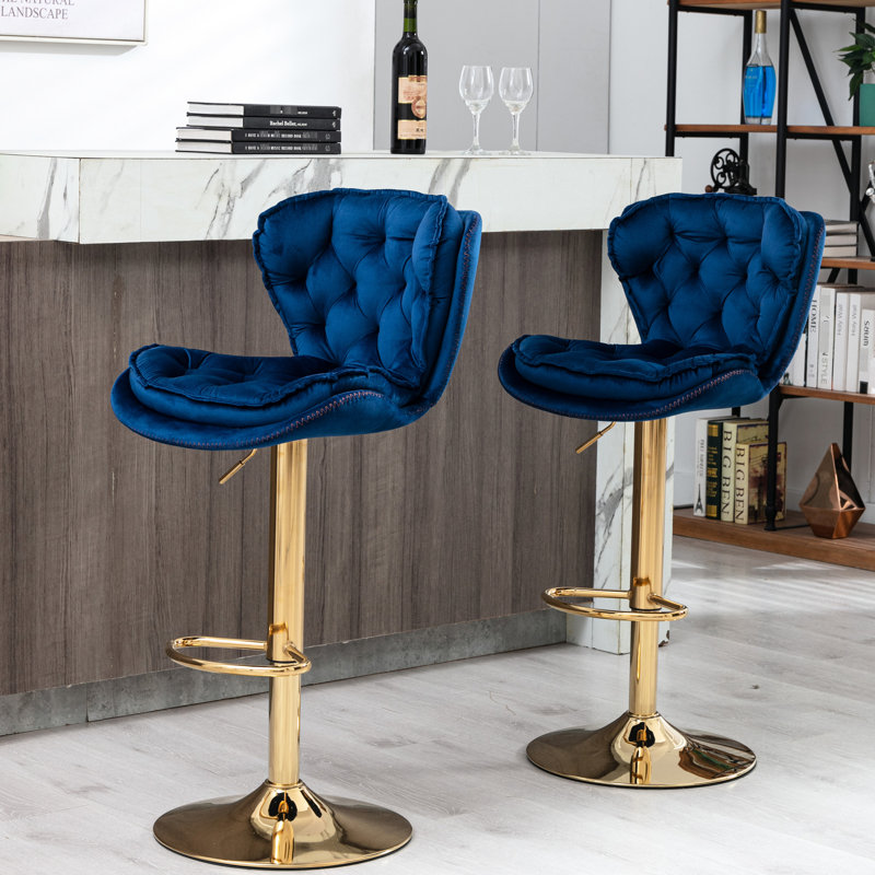 De 2 tabourets de bar réglables, velours bleu marine + pieds dorés, repose-pieds et base, rembourrage en mousse rembourré 2 pièces, hauteur avec et base
