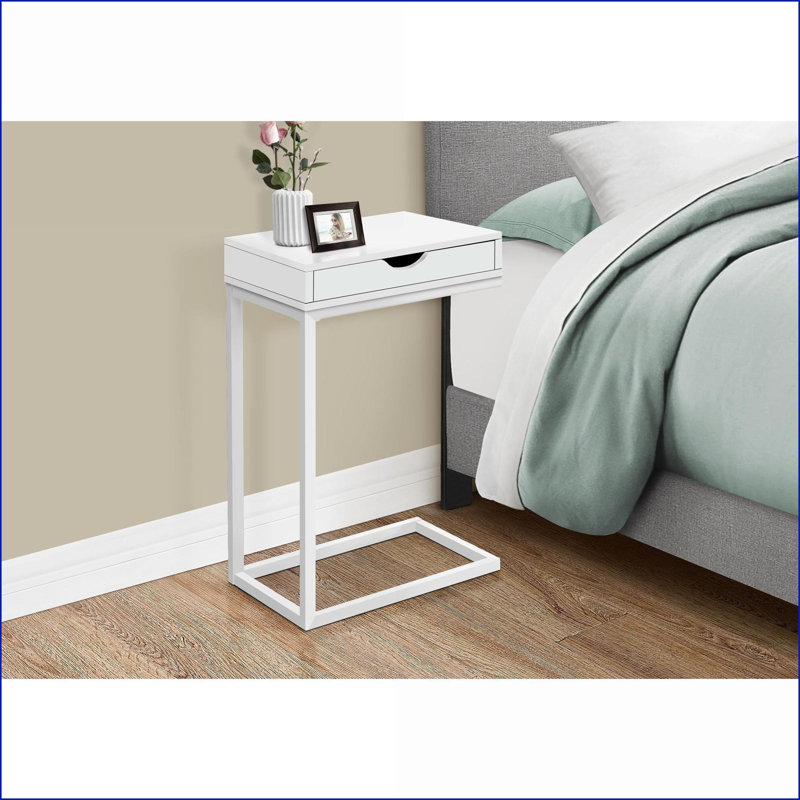 Table basse compacte en forme de C avec tiroir de rangement, stratifié blanc et métal pour le salon et la chambre à coucher