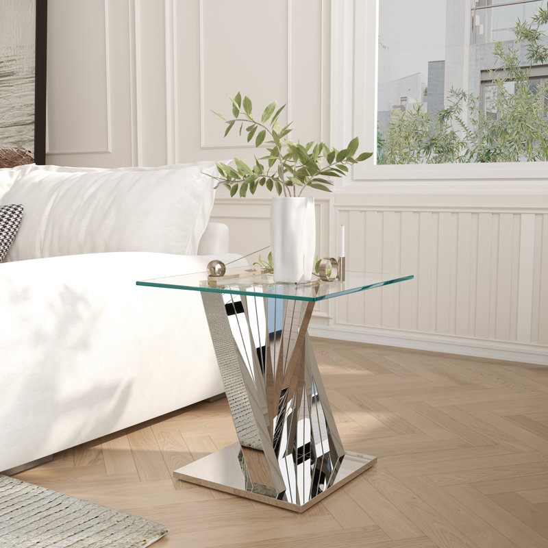 Anmol 22.83“ Glass Top End Table, Silver
