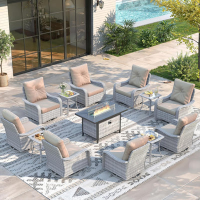 13 Piece Wicker Patio Furniture Set with 55,000 BTU Fire Pit Table, Swivel Rocking Chairs, 4''Cushions, Beige