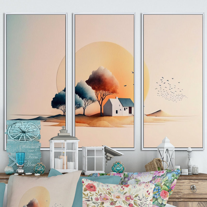 Aquarelle, coucher de soleil dans la campagne, H 20 po x l 36 po x P 1 po, Toile avec cadre blanc