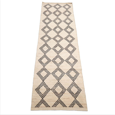 3'4''x13'2" Ivory Hand Knotted Afghan Moroccan Modern Tribal Wool Area Rug